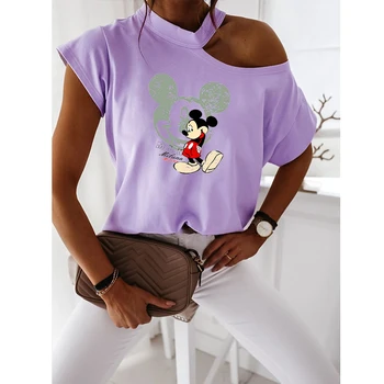 Mickey Mouse Tricou Femei Maneci Scurte Halter Negru, Tricouri Casual De Vara Alb, Tricou Haine Kawaii T-Shirt Ol Doamna Topuri