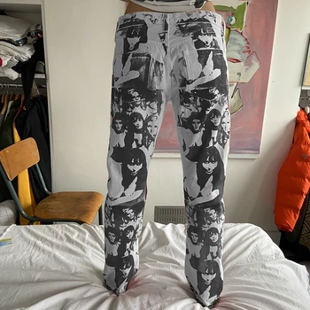 90 Vintage Print Pantaloni Drepte E-fata Harajuku Streetwear Indie Femei de Înaltă Talie Pantaloni Lungi Y2K Estetice Fundul Haine