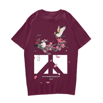2021 Harajuku T-shirt pentru Bărbați Hip Hop Flori și Păsări Amuzant T-shirt Streetwear Vara tricou Retro Print Bumbac T-shirt