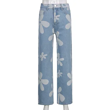 Y2k Floare de Imprimare Talie Mare pentru Femei Blugi Vintage Estetic ' 90 Grunge Albastru Denim Pantaloni Streetwear Mama Grafic Pantaloni Codrin