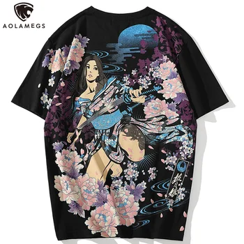 Aolamegs Flori de Cires Gheișă Japoneză de Imprimare T-shirt pentru Bărbați All-meci Vrac Tricouri Bluze Casual Tricouri Tricouri Hip Hop Streetwear