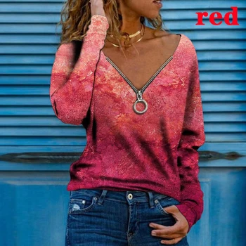 Tie-dye Fermoar T-shirt pentru Femei Toamna Noua Vrac Supradimensionate Top Casual V-gât cu mâneci Lungi T-shirt Femei Plus Dimensiune Îmbrăcăminte XS-8XL