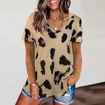 Imprimat Leopard de Imprimare cu mânecă Scurtă T-shirt de Moda pentru Femei V-neck Loose Doamnelor Topuri Plus dimensiune Vara Tricouri Femeie