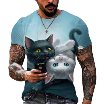 Moda T-shirt pentru bărbați drăguț pisică alb-negru imprimare 3D cu mânecă scurtă tricou vrac supradimensionate, cu uscare rapida, O-neck top 2021