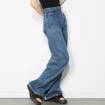 Denim Pantaloni Largi 2021 Toamna anului Nou Spălate Țesute Cusaturi de Talie Mare Albastru Femeile Toate-potrivire Pantaloni Casual, Blugi Largi