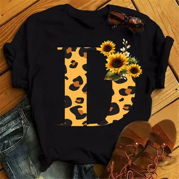 A B C D Combinație Font Femei T Shirt Leopard De Floarea-Soarelui De Imprimare Topuri Casual Nume Personalizat Scrisoare De Sex Feminin Negru Tricou