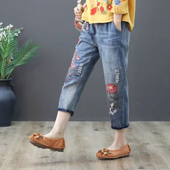 SUFLET DE TIGRU 2020 Noua Moda Doamnelor de Vară Epocă Blugi Femei Casual Florale Mozaic Pantaloni din Denim Brodat Pantaloni Harem