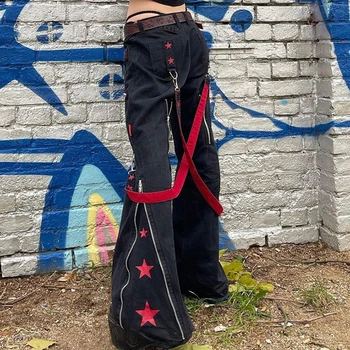 Punk Grunge Alt Blugi Femei Academia Goth Mall Pantaloni de Marfă Gotic Panglică Mozaic Techwear Cu Buzunar Y2K Cyber Pantaloni din Denim