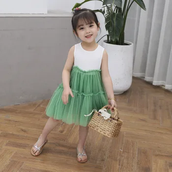 Moda pentru copii fete drăguț rochie de dantelă solidă fără mâneci gât O plasă de vară verde/roșu copii, copii, casual, vestido gxj