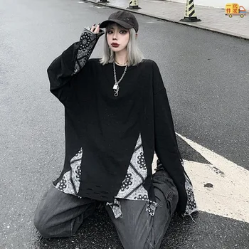 Primăvara și Toamna gotic gaura maneca lunga T-shirt femei harajuku, Japonia false două hanorac femei haine de stradă