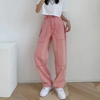 Blugi femei Streetwear Vintage de Calitate Harajuku Pantalonii cu Talie Înaltă Haine Largi Picior Haine Roz pentru Femei Pantaloni din Denim