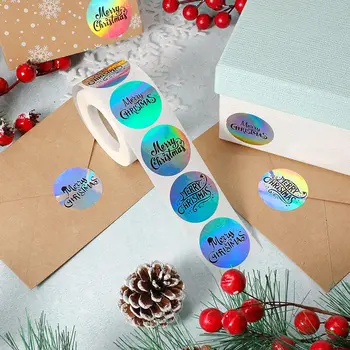 Laser Autocolant Crăciun Fericit Holografic Curcubeu de Etanșare Etichete pentru Ambalare Cadou Decor Petrecere Plic Sigilii 1.5
