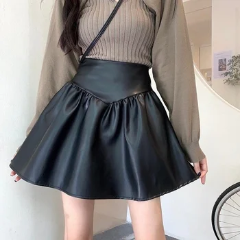 HOUZHOU PU Negru din Piele Femei Fusta Talie Mare cu Fermoar-linie Mozaic Fuste Mini Sexy Toamna coreeană de Moda Casual, Streetwear
