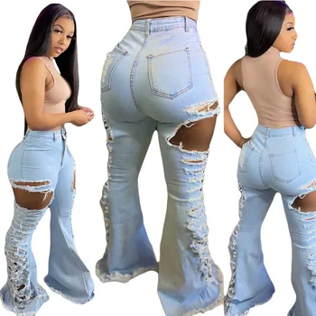 Femei Blugi Africane Mijlocul Talie Rupt Elastic Linie Dreaptă Pe Toată Lungimea Denim Flare Pantaloni Indie Moda Pantaloni Casual 2022 Toamna Anului Nou