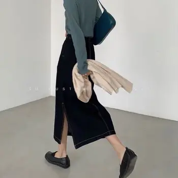Femei Denim Fuste Jumătatea Vițel Side Split Elegant Talie Mare Toate-meci de Birou Doamnelor Moda Vintage Harajuku Streetwear de Agrement Nou