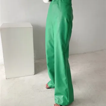 PSEEWE Pantaloni Femei Za Faux din Piele Verde Pantaloni Femei Talie Inalta Femeie Pantaloni Toamna anului 2021 Moda Streetwear Pantaloni Largi