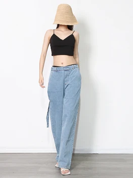 TWOTWINSTYLE Fals Două Petice de Piele PU Blugi Pentru Femei Talie Mare Direct Casual Streetwear Pantaloni din Denim de Moda de sex Feminin Toamna