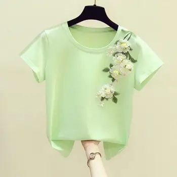 2021 vara noi versiunea coreeană de mână-brodate decorativ tridimensional gât T-shirt femei top casual