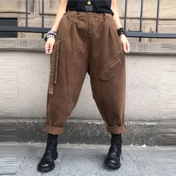 New Sosire Primavara Toamna Stil de Arte Femei Talie Elastic Liber Casual Glezna-lungime Pantaloni Solidă Bumbac Vintage Pantaloni Harem V526