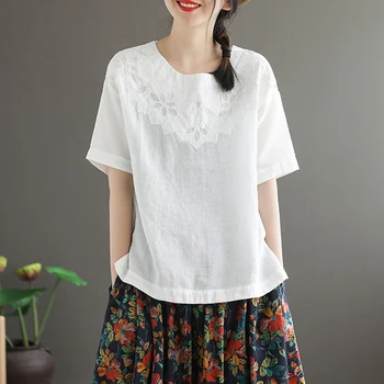 De Vară 2020 Nou Stil de Arte Femei Maneci Scurte Largi Tricou Femme Lenjerie de pat din Bumbac Broderie de Epocă T-shirt, Blaturi Solide S804