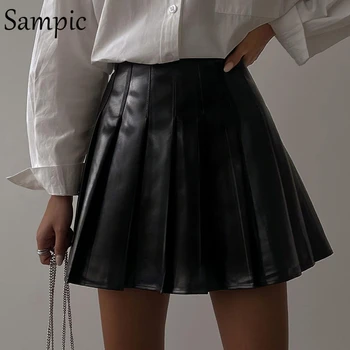 Sampic Y2K Femeile Negre din Piele Mini Înaltă Waisted Fusta Plisata Kawaii Gotic Haine Scurte Sexy Fusta a-Line Vintage 2021 Toamna
