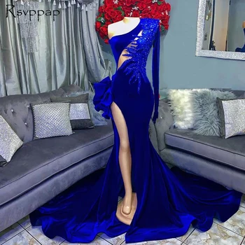 Singur Maneca Lunga, Un Umar De Lux Cu Margele Africane Fete De Culoare Albastru Royal Velvet Fantă Mare Mermaid Rochie De Bal