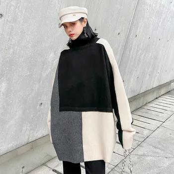 Femei guler toamna/iarna vânt leneș pulover lungime medie mozaic de bază pulover
