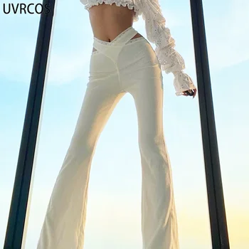 UVRCOS Cruce Bandaj Y2K Flare Pantaloni Femei Bodycon cu Nervuri Elastic Inima de Buzunar Elegant 2021 Streetwear Casual Sălbatice Pantaloni Lungi