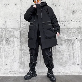 Hybskr Culoare Solidă Barbati Cu Gluga În Jos Jachete Supradimensionate La Mijlocul Lungime De Moda Haine De Iarnă Harajuku Streetwear Hip Hop Îmbrăcăminte Exterioară