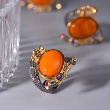 Design inspirat de argint cu diamante naturale Hetian jad portocaliu roșu inel ovale ciudat retro doamnelor bijuterii de logodna accesorii