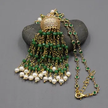 GG Bijuterii Natural White Pearl de Culoare de Aur Placat cu Cristal Verde Macarsite CZ Lanț Colier Pentru Femei Lady Bijuterii Cadou