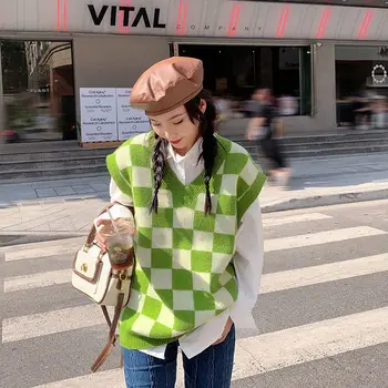 Coreeană Vesta Tricotate Geometrice Jumper Vestă Fără Mâneci Supradimensionate Pulover Pulover Femei Vintage Femei Top Unif