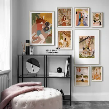 Boho Nordic Poster Abstract Fata De Yoga Lectură Leopard, Lion De Perete De Arta De Imprimare Panza Pictura Decor Imaginile Pentru Camera De Zi