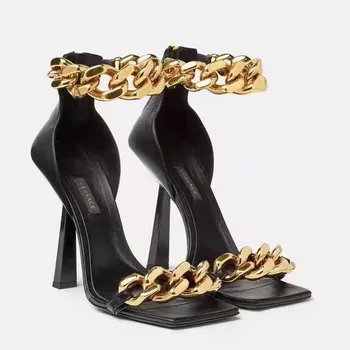 Vara pantofi femei 2021 tocuri înalte de moda femei sexy lanț de metal square toe sandale pentru femei, plus dimensiune