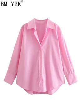 BM Y2K poplin shirt 2021 Femei din Bumbac Tricouri Birou Doamnă Bomboane de Culoare Maneca Lunga Bluza Singur Pieptul Chic Combinezon Topuri