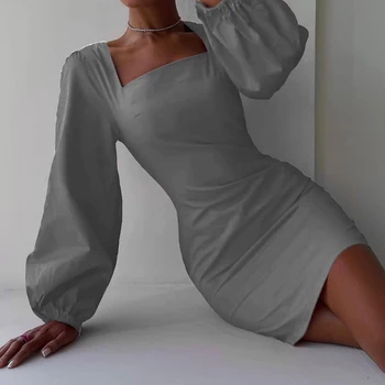 Toamna Femei Casual Culoare Solidă De Moda Felinar Maneca Lunga Bodycon Rochie Sexy Înfășurat În Piept Slim Elegante Rochii De Partid Vestidos
