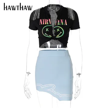 Hawthaw Femei De Moda De Toamnă Scrisoare De Imprimare Negru Crop Top Mini Fusta Două Bucata Set Costum Costum 2021 Toamna Haine En-Gros Articole
