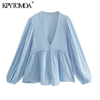 KPYTOMOA de Moda pentru Femei, Cu Nasturi Ciufulit Bluze Vintage V-Neck Maneca Lunga Femei Tricouri Topuri Chic