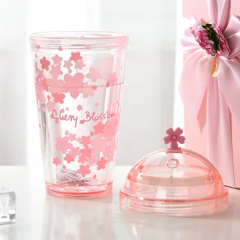 Sakura BPA Gratuit Pahare de Plastic Cu Capace Cani de Apa Pentru Băut Cana de Cafea de Suc de Lapte Paie Cupa Ascunse Paie Gheață Cupa