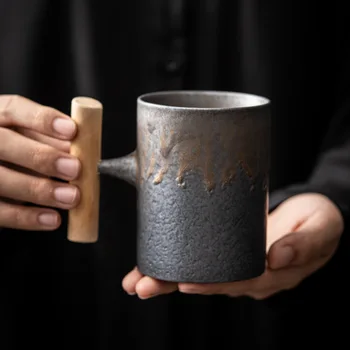 Din Ceramică De Înaltă Calitate Cana De Cafea Cu Mâner Din Lemn Creative Rugina Glazura Ceai, Lapte, Bere Cupa Drinkware Noutate Cadouri