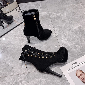 Femei Cizme Glezna Subțire Sexy cu Toc Înalt Pantofi de Iarna pentru Femei de Moda Dantela-up Cizme Scurte Birou Încălțăminte Mărimea 35-43 Rosu Negru