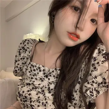 Bluze Femei Vara coreeană Stil Retro Șifon Șic, Elegant Slash Gât Slim Abdomen Moda Mujer Florale Puff Maneca All-meci