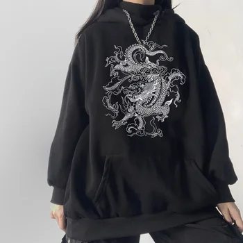 Gotic Dragon Print Hoodies Femei Harajuku Epocă Hanorac Tricou Supradimensionat Streetwear Y2k Casual De Toamna Si Iarna Grunge Haina