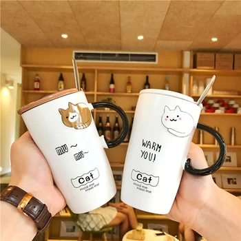 Creator de desene animate drăguț pisica cana ceramica cuplu drăguț pereche de cesti de apa biroul cafea cu lapte cana de apa cu capac si lingura trend