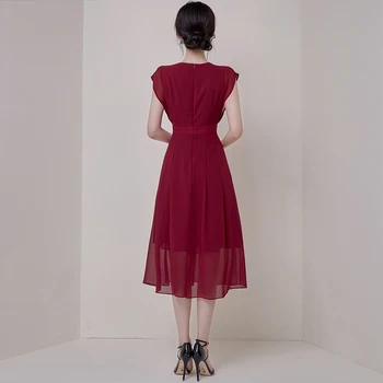 2020 Moda De Vara Subțire Fără Mâneci Șifon Roșu Rochie Talie O-Gât Formale Birou Doamnă Munca Rochie