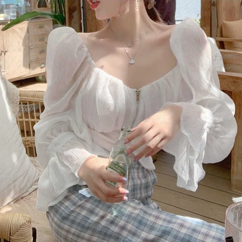 Moda Coreeană Bluza Eleganta Femei Toamna Casual Alb Dulce Franța Șifon Bluza Cu Maneca Lunga Retro Haine De Designer 2021 La reducere! > Femei ~ Fashion-style.ro