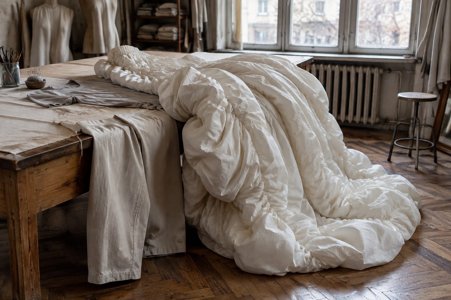 Materiale textile voluminoase într-un atelier de creație vestimentară